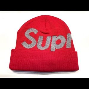 Supreme Red Reflective Logo Beanie Hat